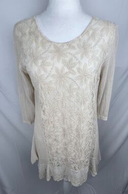Fashion Fuse Cream Embroidered Floral Lace Knit Tunic Top Boho Cottagecore S
